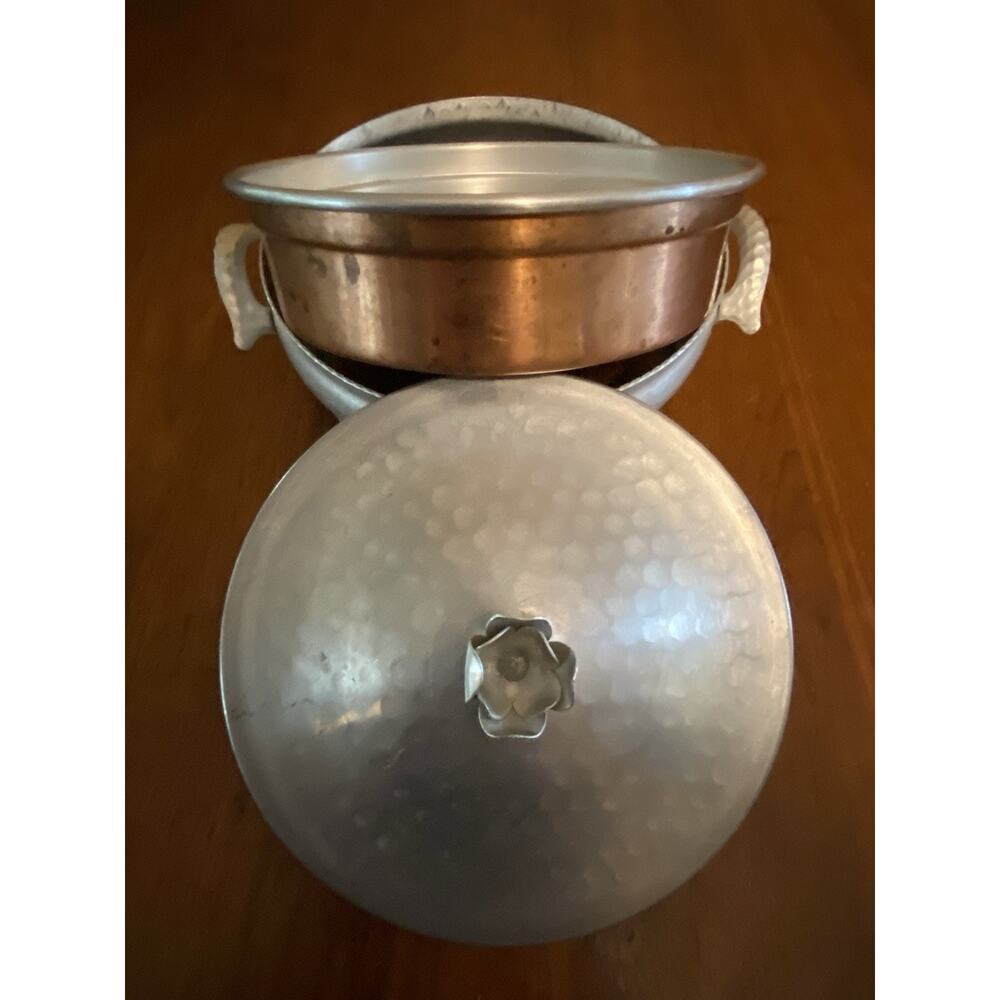 Vintage Hammered Aluminum Casserole Dish Holder With Tulip Lid & Copper Insert